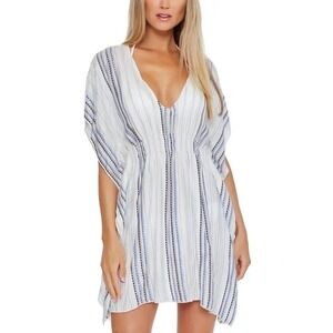 BECCA White Blue Striped Metallic Cover Up Tunic Top‎ Beach Swim Pool M/L